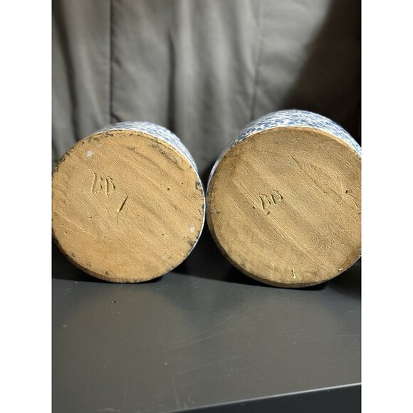 Blue Spongeware Large Storage Jars & Lids Crock Pair Of 7” And 9” - Picture 10 of 12